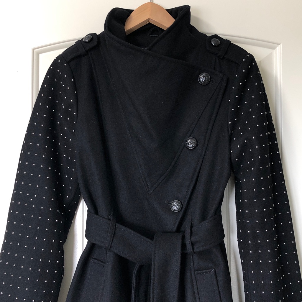 Guess Black Studded Sleeve Funnel Collar Wrap Trench Style Wool Coat - S/M